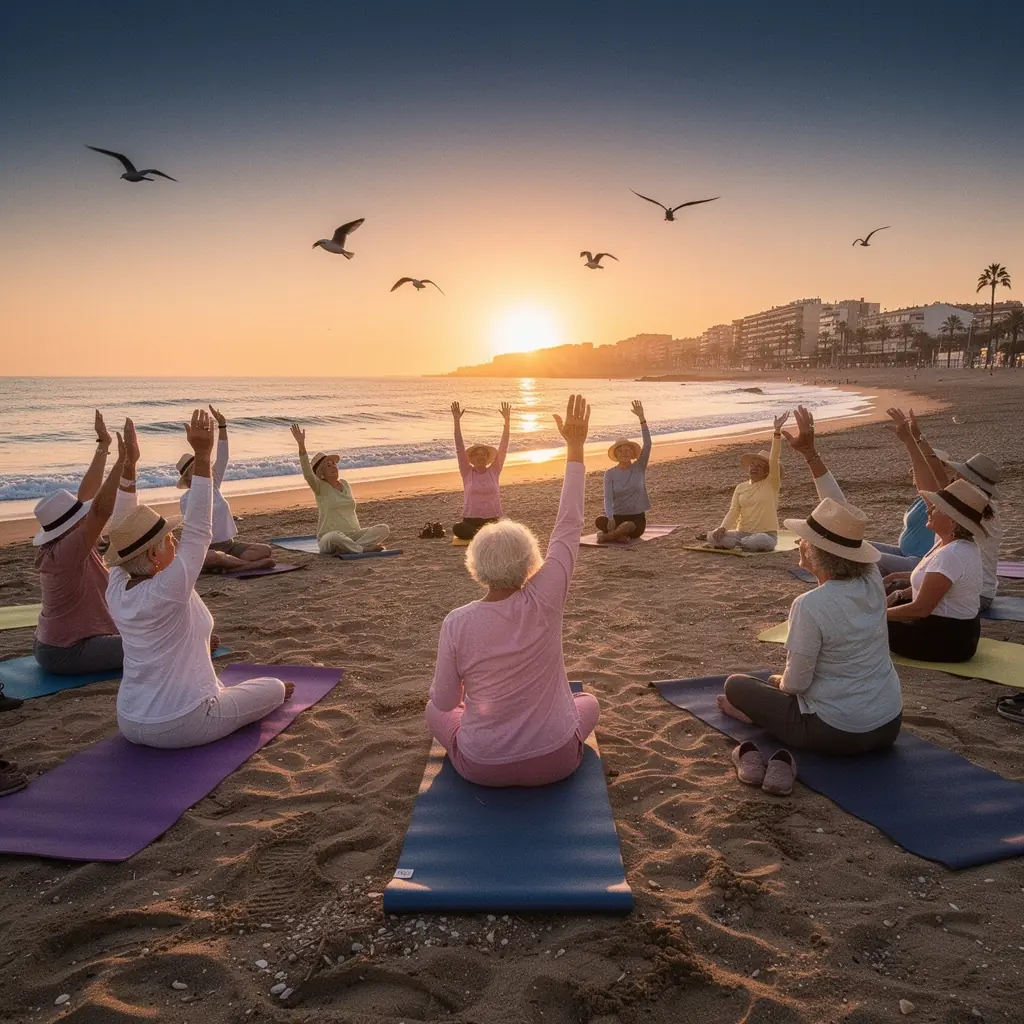 Un grupo de adultos mayores practicando posturas de yoga en un parque.