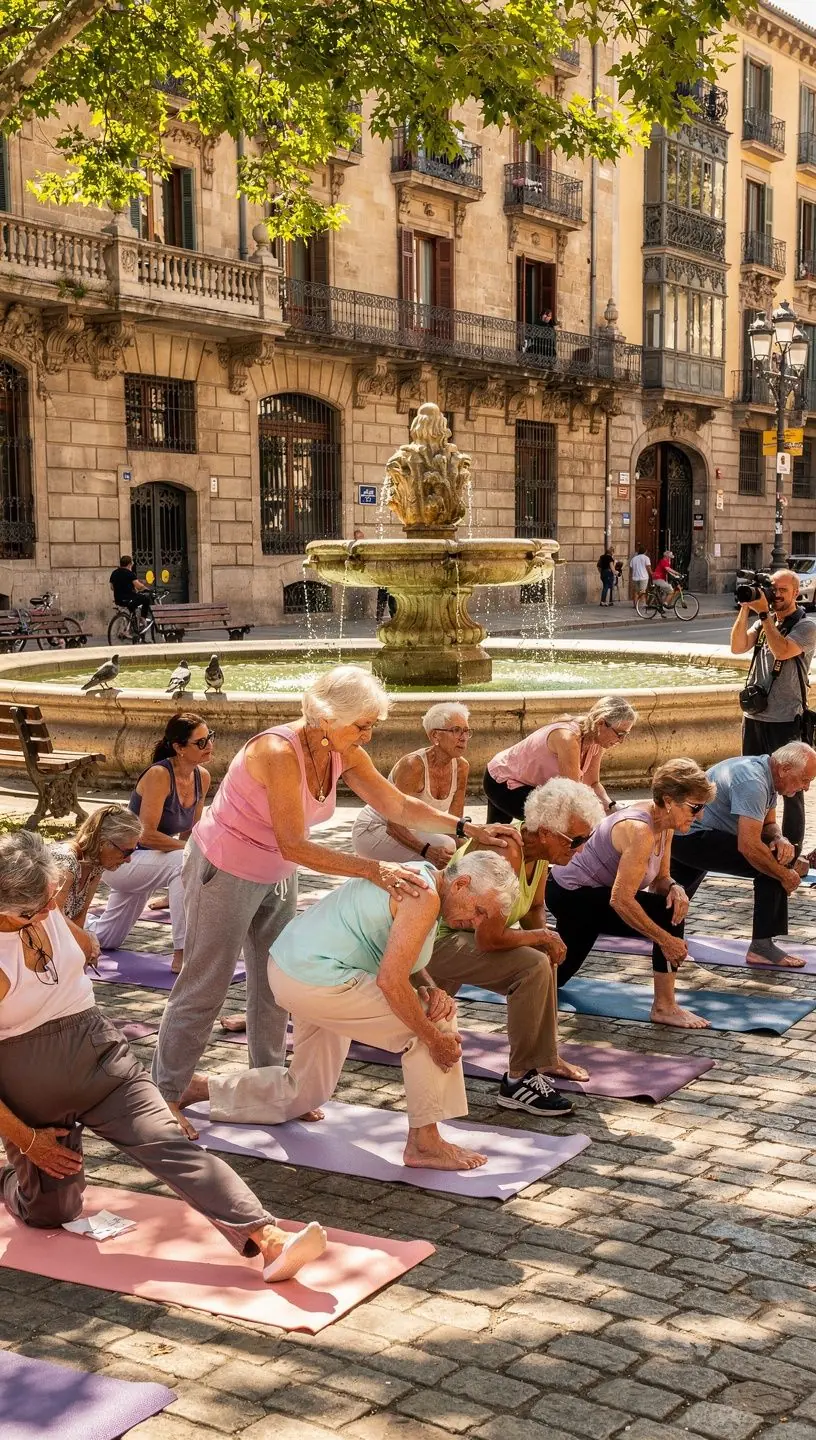 Un instructor guiando a ancianos en ejercicios de estiramiento seguros.