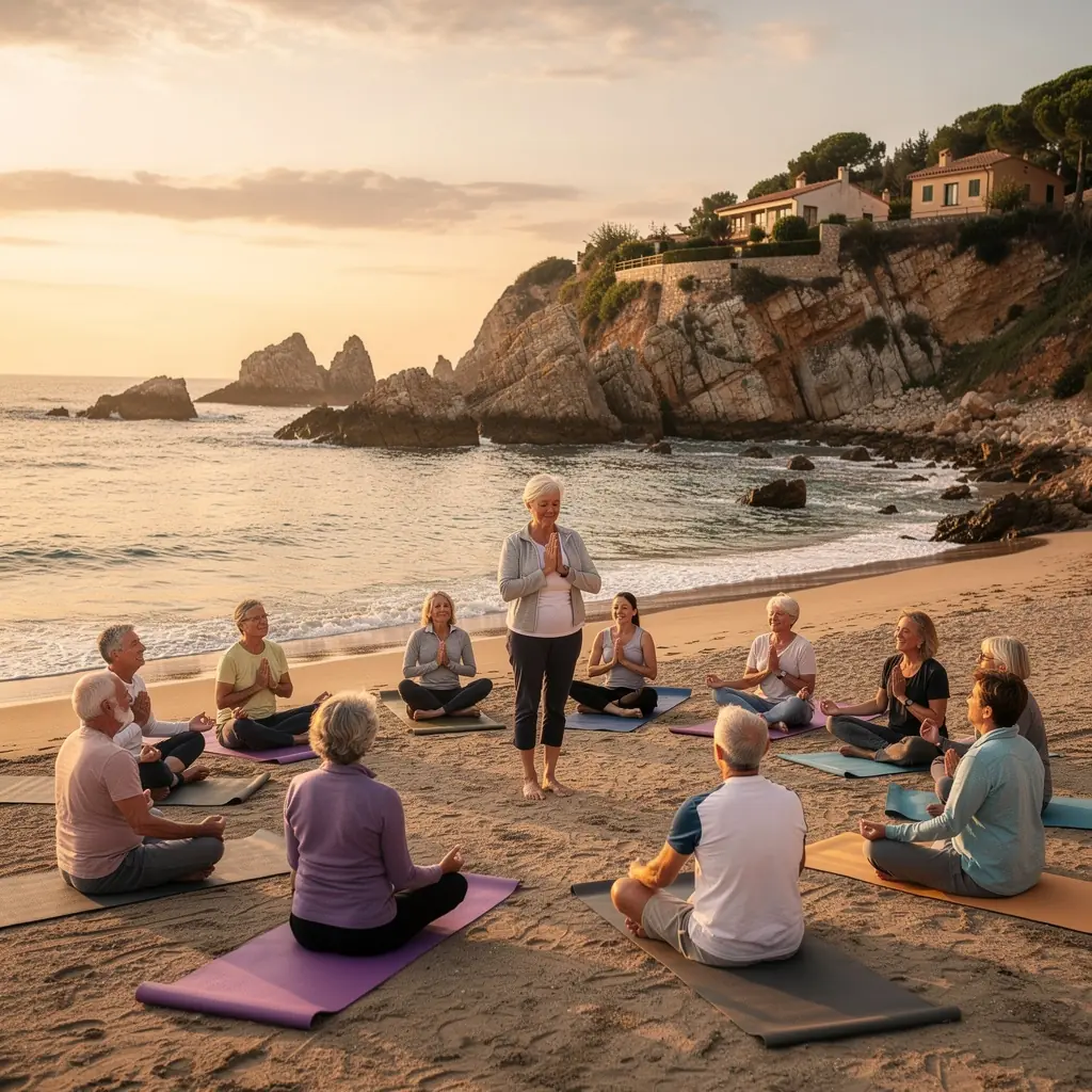 Un instructor guía a un grupo de adultos mayores en una postura de yoga adaptada, enfocándose en la respiración y la relajación.