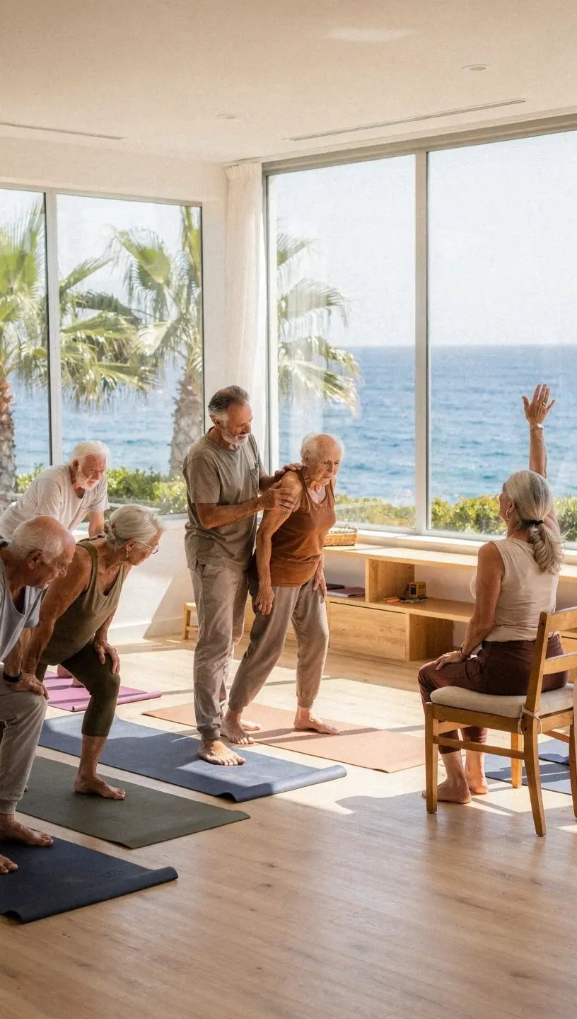 Un instructor guía a un grupo de adultos mayores en una postura de yoga adaptada, enfocándose en la respiración y la relajación.