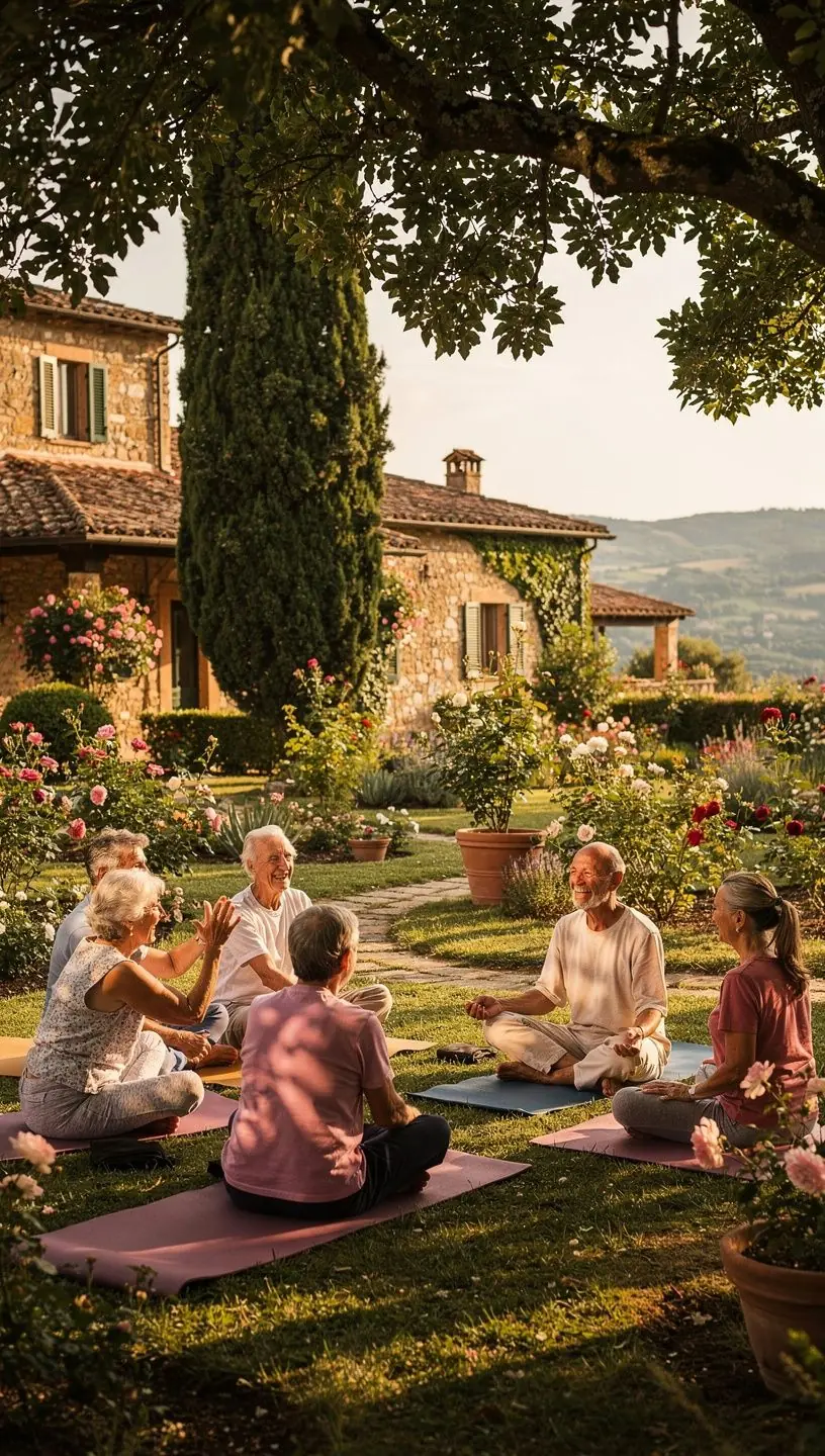 Un instructor guía a un grupo de adultos mayores en una postura de yoga adaptada, enfocándose en la respiración y la relajación.