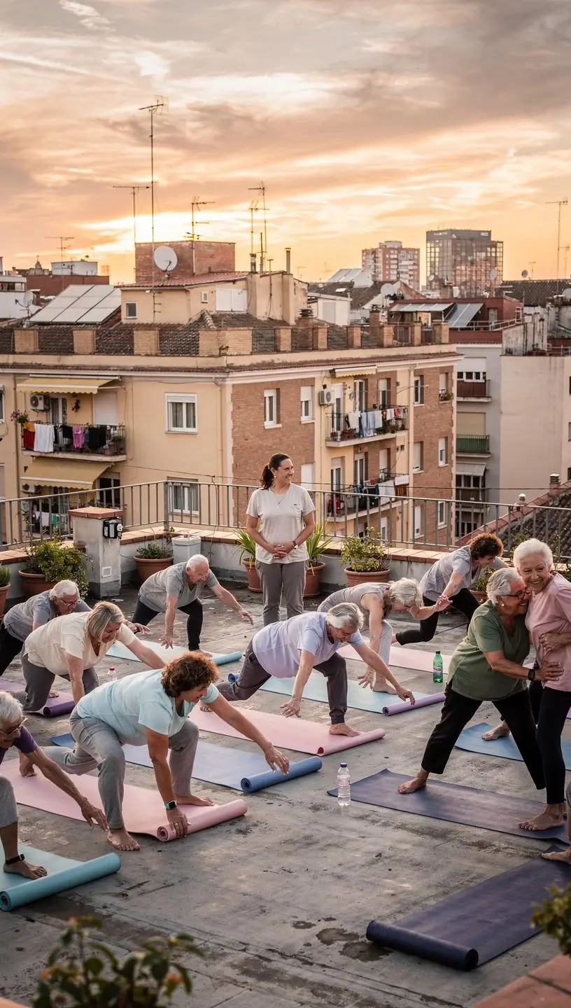 Un instructor guía a un grupo de adultos mayores en una postura de yoga adaptada, enfocándose en la respiración y la relajación.