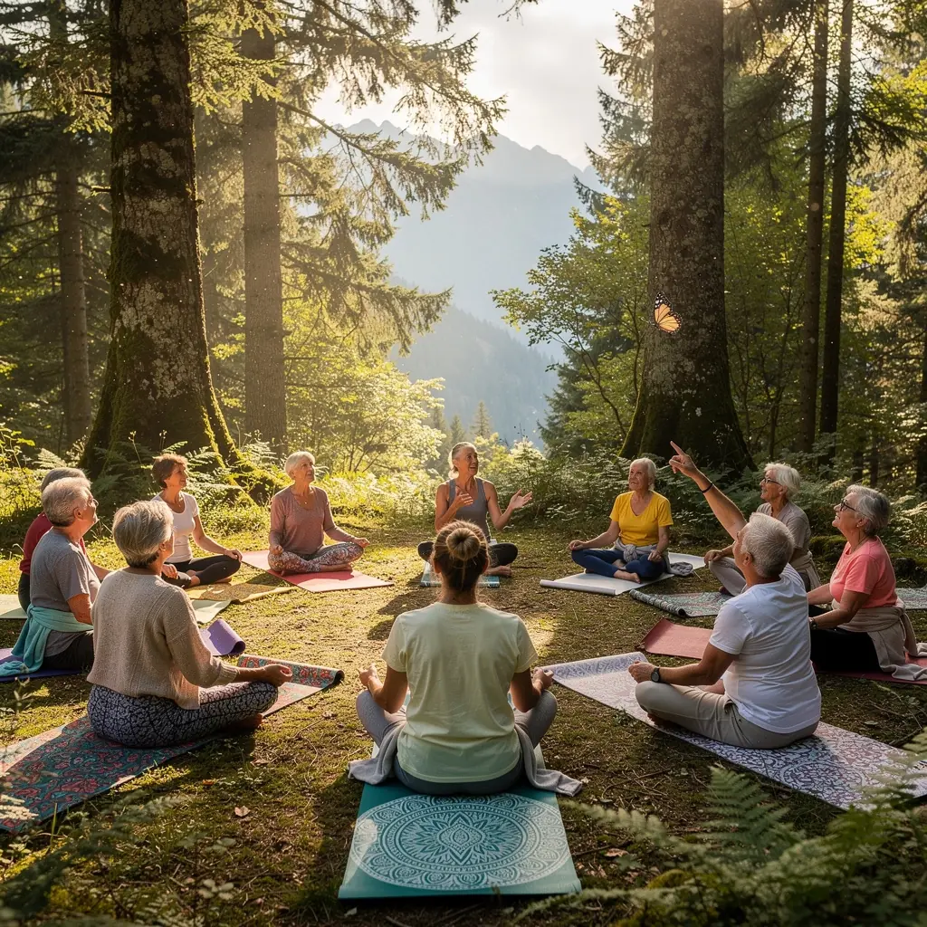 Un instructor guía a un grupo de adultos mayores en una postura de yoga adaptada, enfocándose en la respiración y la relajación.