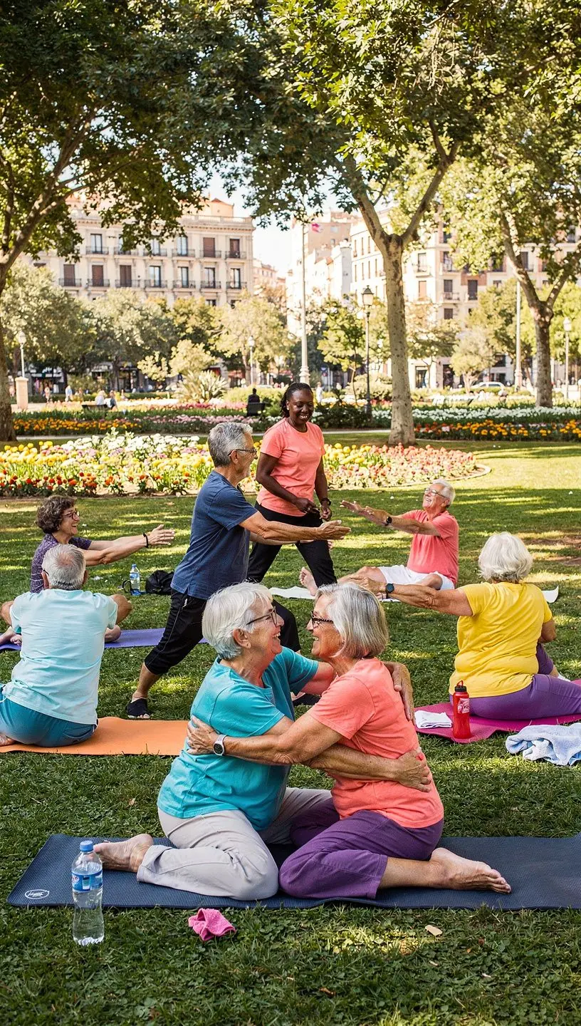 Un instructor guía a un grupo de adultos mayores en una postura de yoga adaptada, enfocándose en la respiración y la relajación.