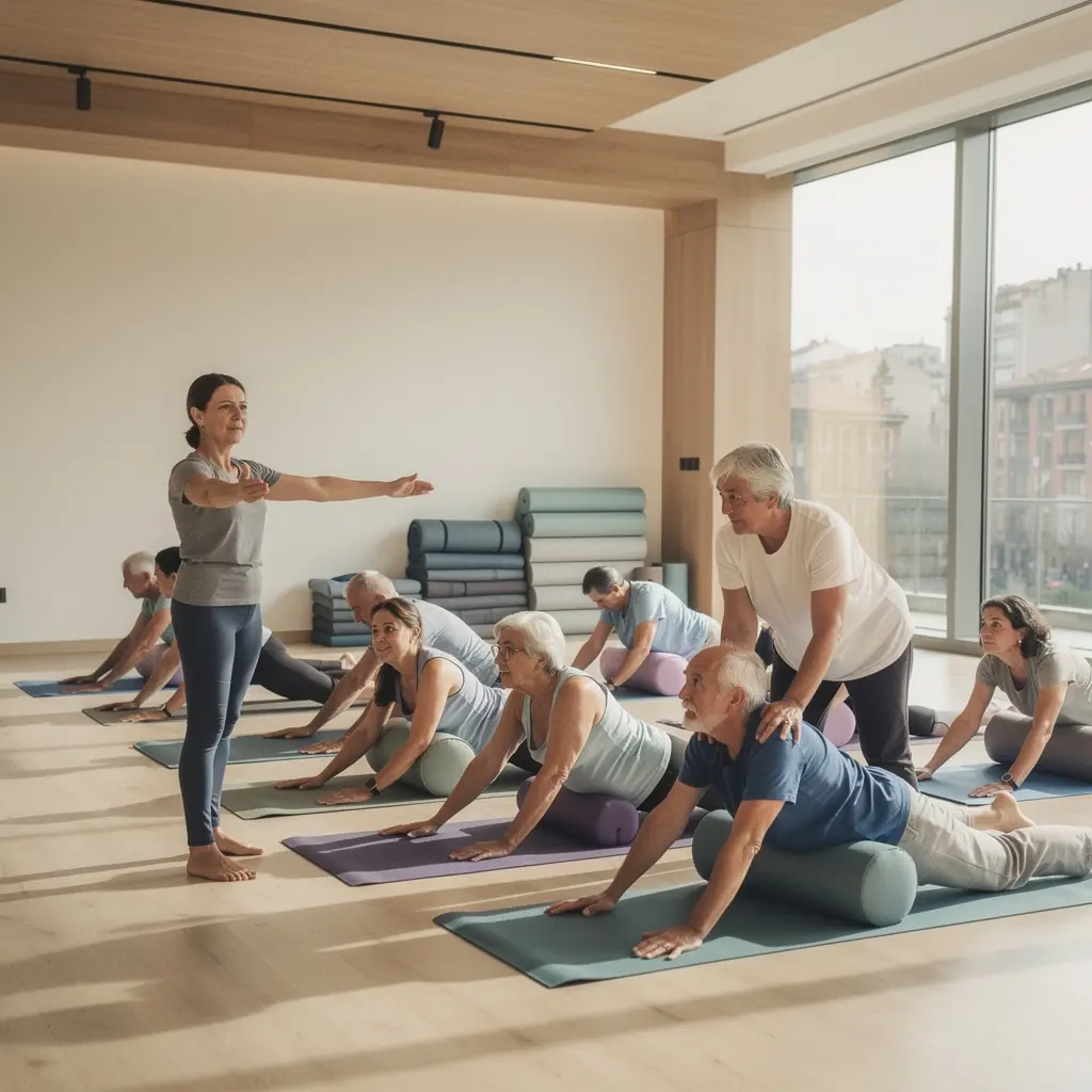 Un instructor guía a un grupo de adultos mayores en una postura de yoga adaptada, enfocándose en la respiración y la relajación.