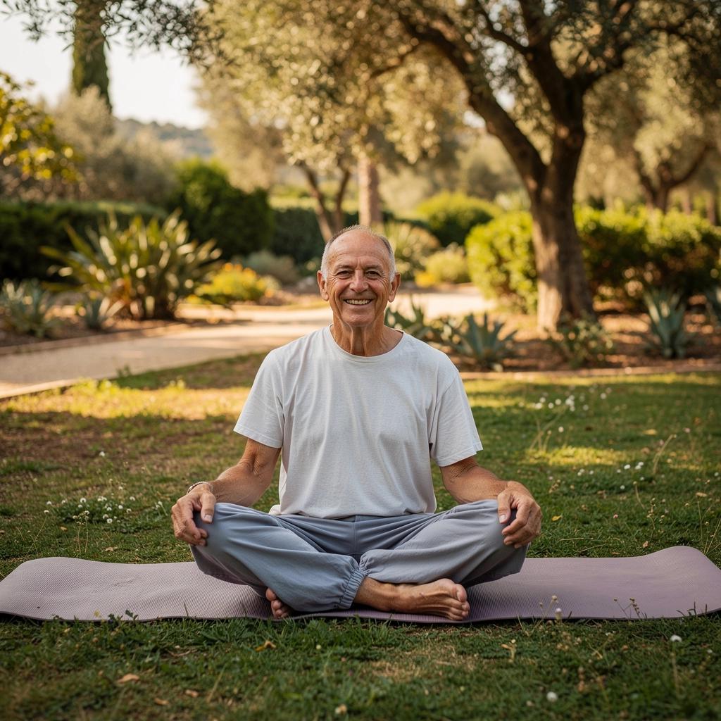Una mujer mayor sonriendo mientras realiza una postura de yoga en una colchoneta.