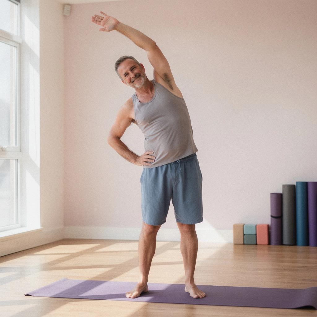Una clase de yoga adaptada, mostrando a mayores realizando movimientos suaves.